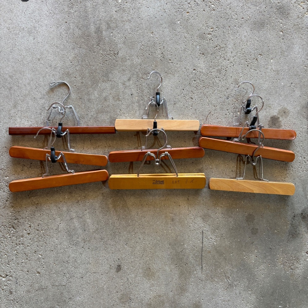 Vintage Wooden Hangers Lot of 9 Brown Wood Metal Clamp Pants Trousers Skirt